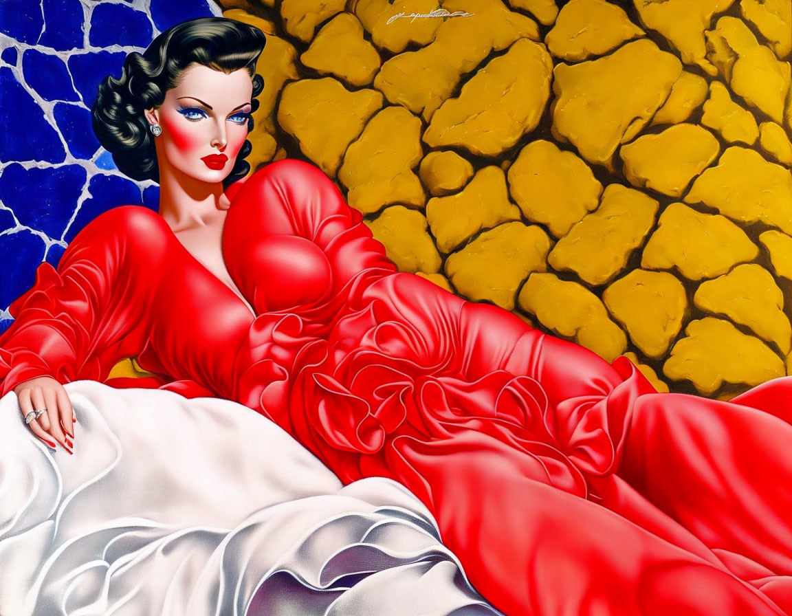 Vibrant illustration: Glamorous woman in red dress against stone wall