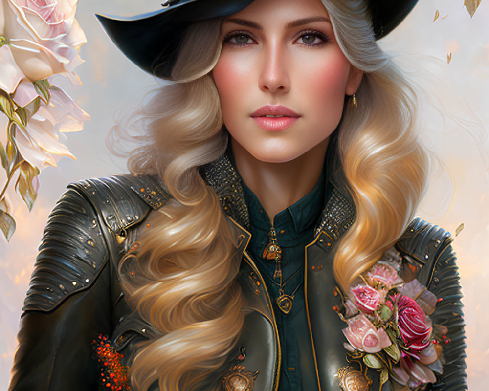 Blonde woman in detailed jacket and hat on floral backdrop