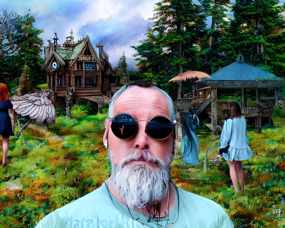 Man with sunglasses, two women, tiger sculpture, whimsical house, and gazebo in enchanted forest