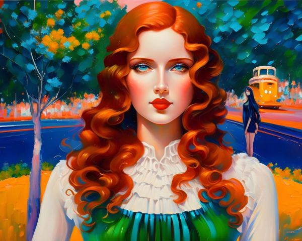 Vibrant illustration: woman with long red hair and blue eyes in colorful setting