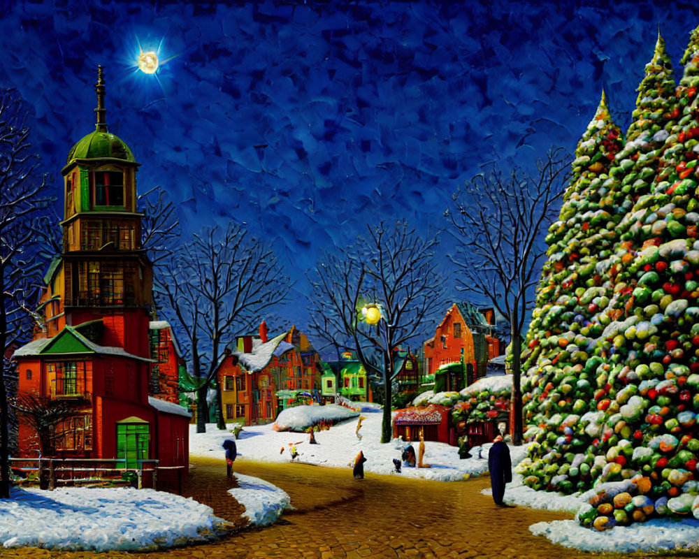 Snowy night painting of quaint town with Christmas tree & colorful buildings