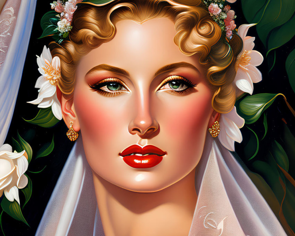 Illustrated portrait of a woman with floral headpiece and veil, showcasing makeup and stylized features in