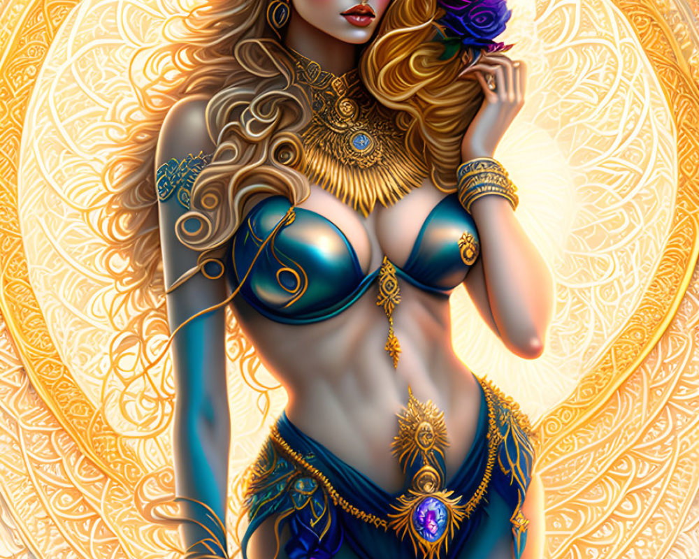 Illustrated woman with golden jewelry and blue outfit holding a purple rose in front of intricate golden patterns