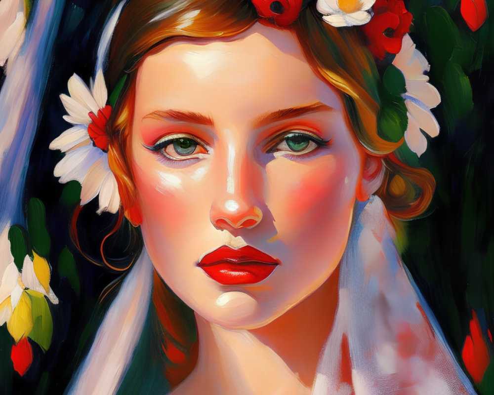 Colorful Portrait of Woman with Floral Headpiece and Dramatic Lighting