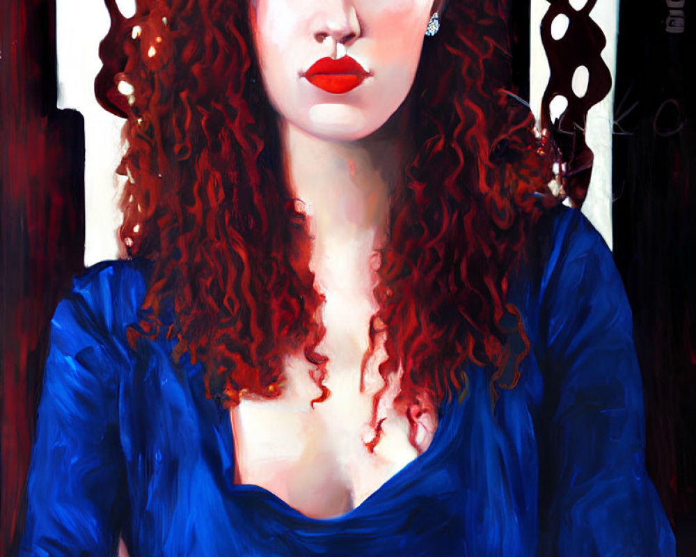Portrait of a woman with red curly hair and bright red lipstick in blue top against red and white backdrop