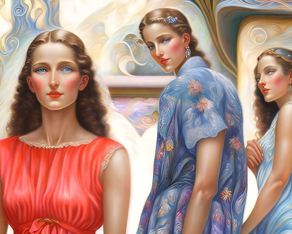 Elegant Women in Flowing Dresses Against Pastel Background