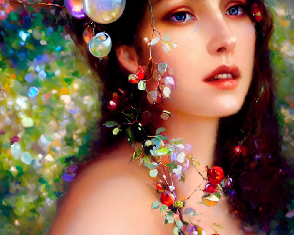 Portrait of woman with blue eyes and dark hair surrounded by vibrant flowers and berries in green foliage bokeh