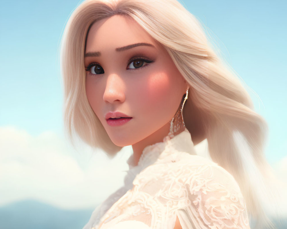 Platinum Blonde Woman in White Lace Top with Mountain Background