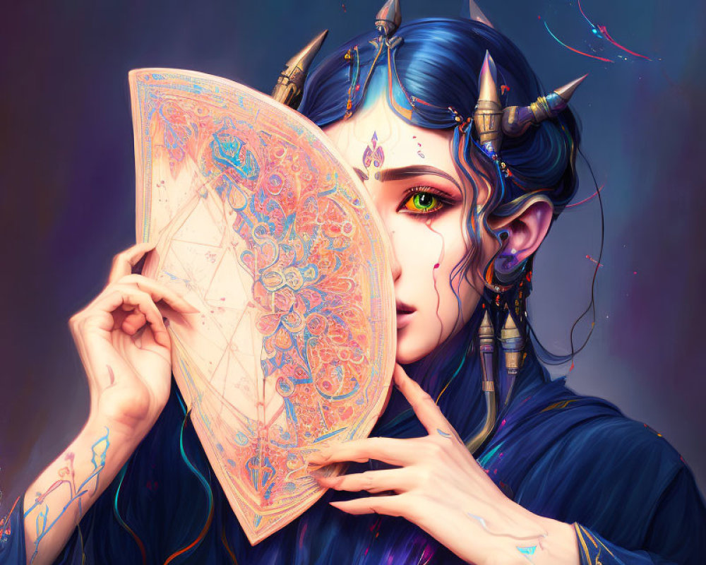 Fantasy elf with blue hair, green eyes, ornate fan, tattoos, and intricate jewelry.