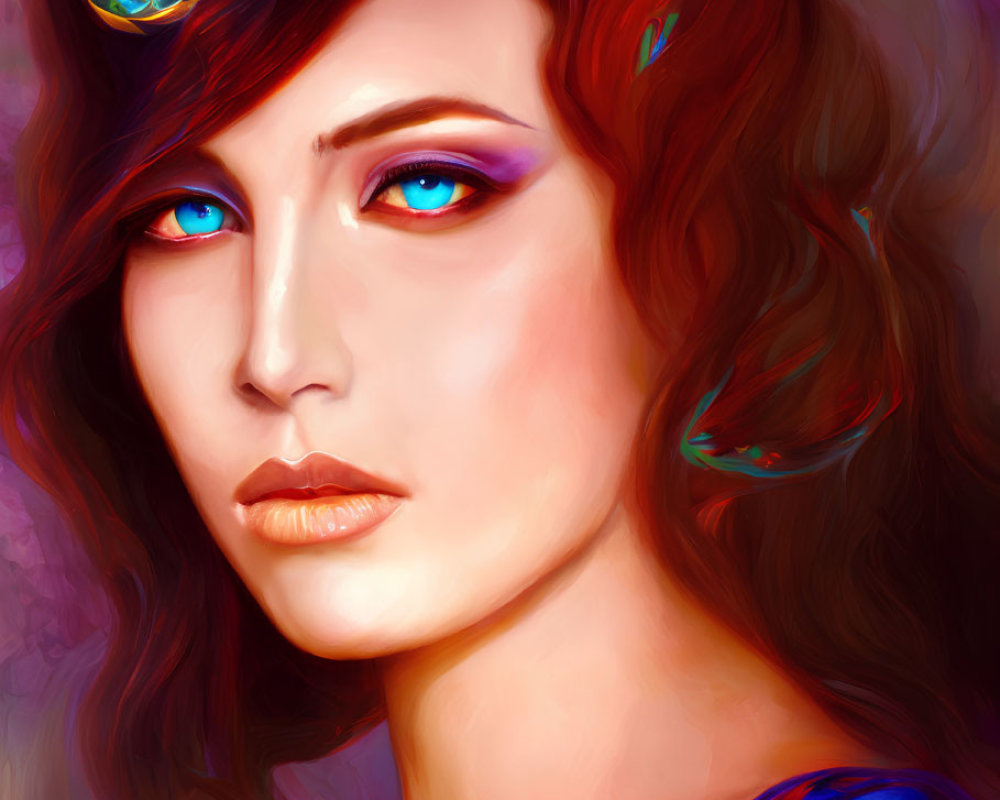 Colorful digital painting of a woman with blue eyes and floral headpiece