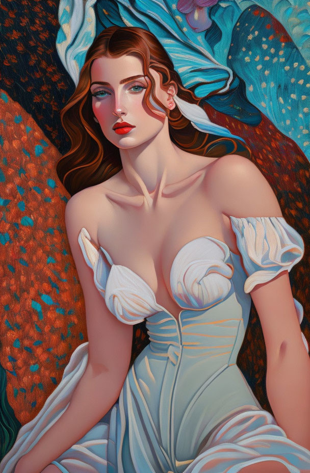 Stylized portrait of woman with red lips and flowing hair in off-the-shoulder dress against