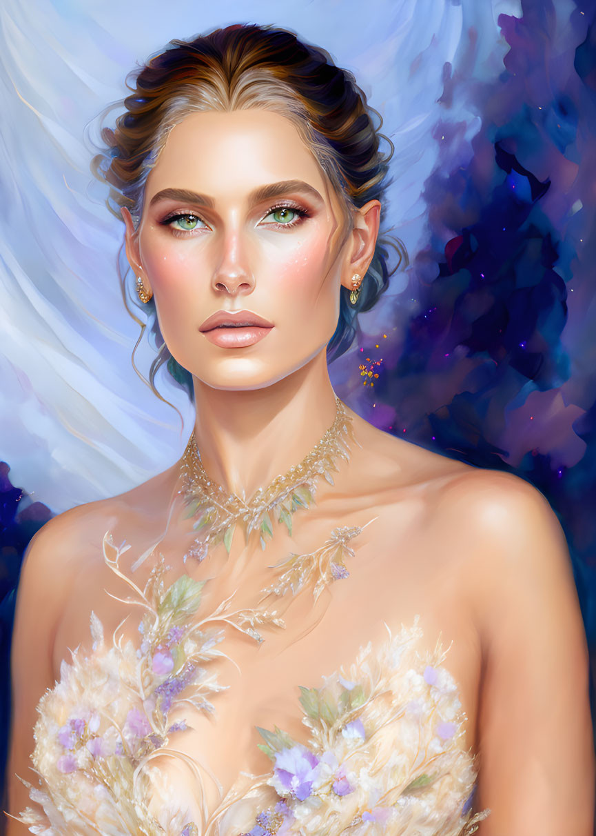 Digital illustration of woman with green eyes in floral adornments against blue backdrop