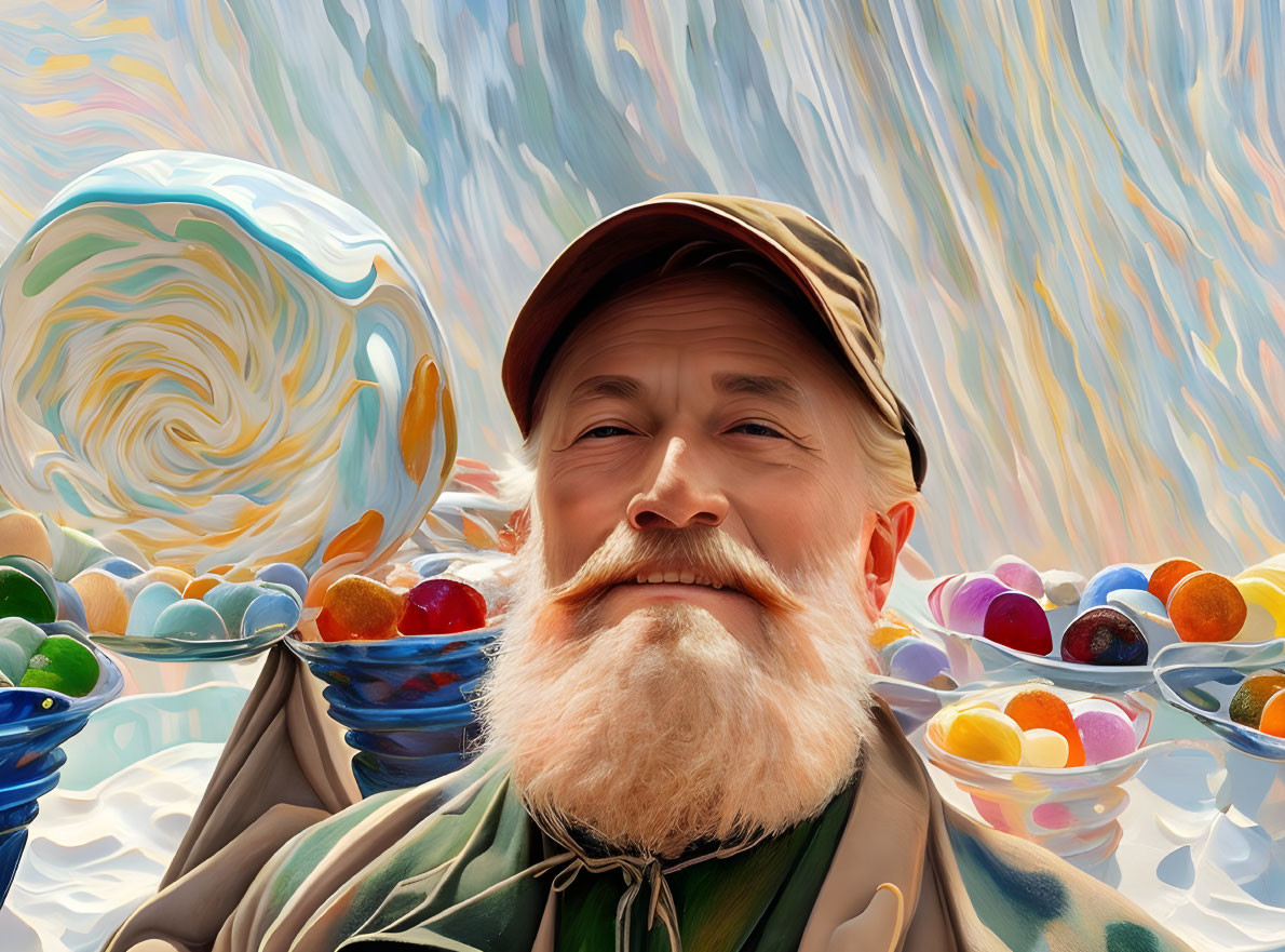 Colorful Candy Bowls with Bearded Man in Cap Against Swirling Background