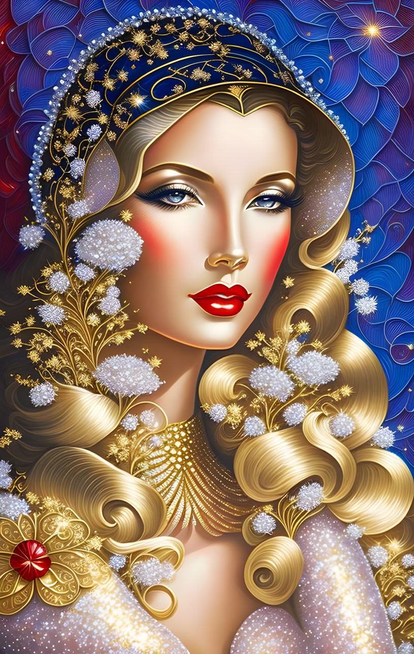 Golden-haired woman with starry crown on blue background