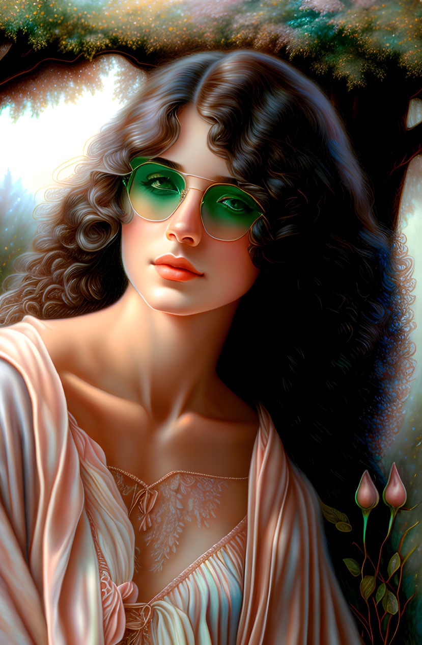 Curly Haired Woman in Green Sunglasses on Nature Background