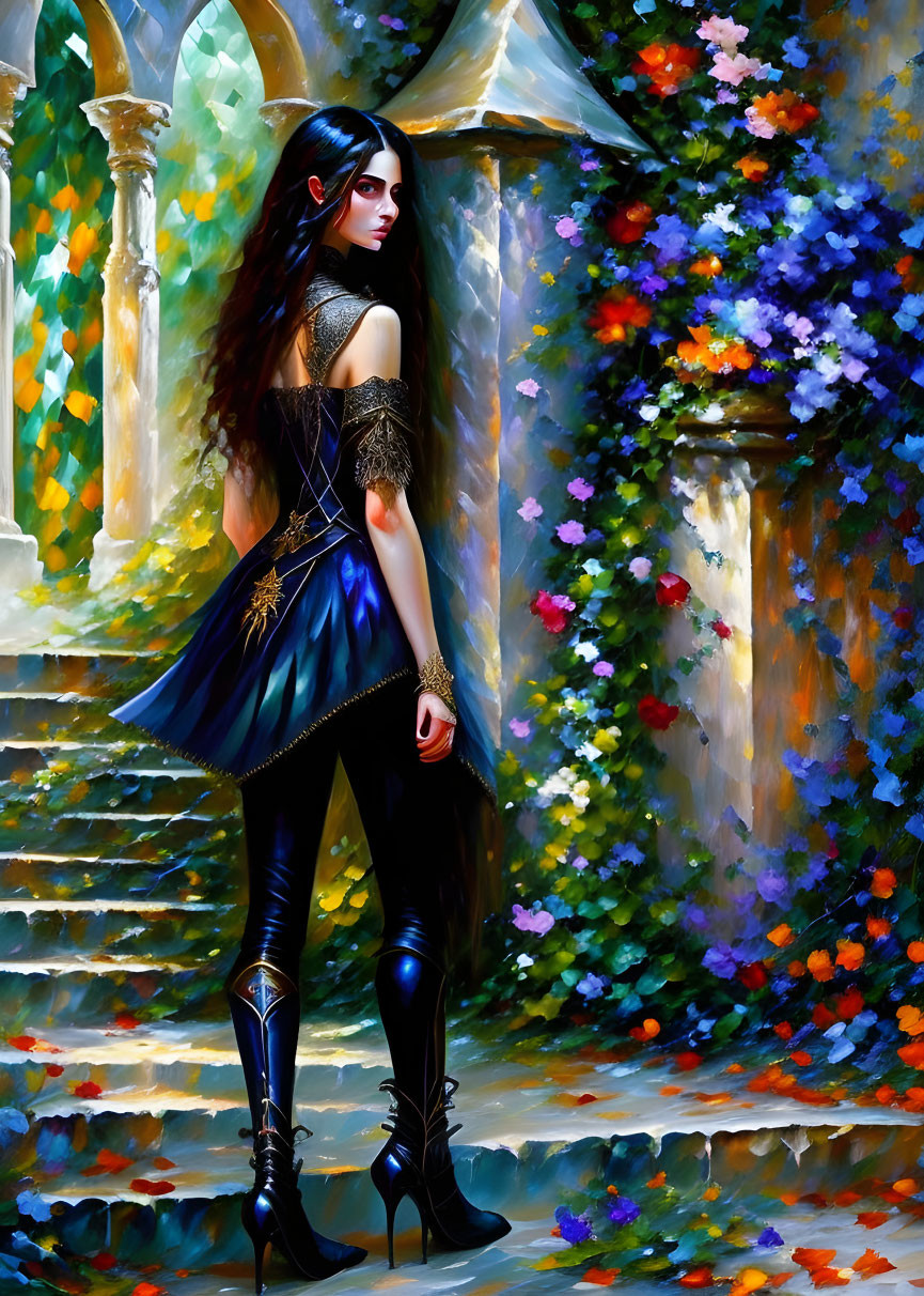 Woman in Dark Blue Dress and Black Boots on Staircase with Vibrant Flowers