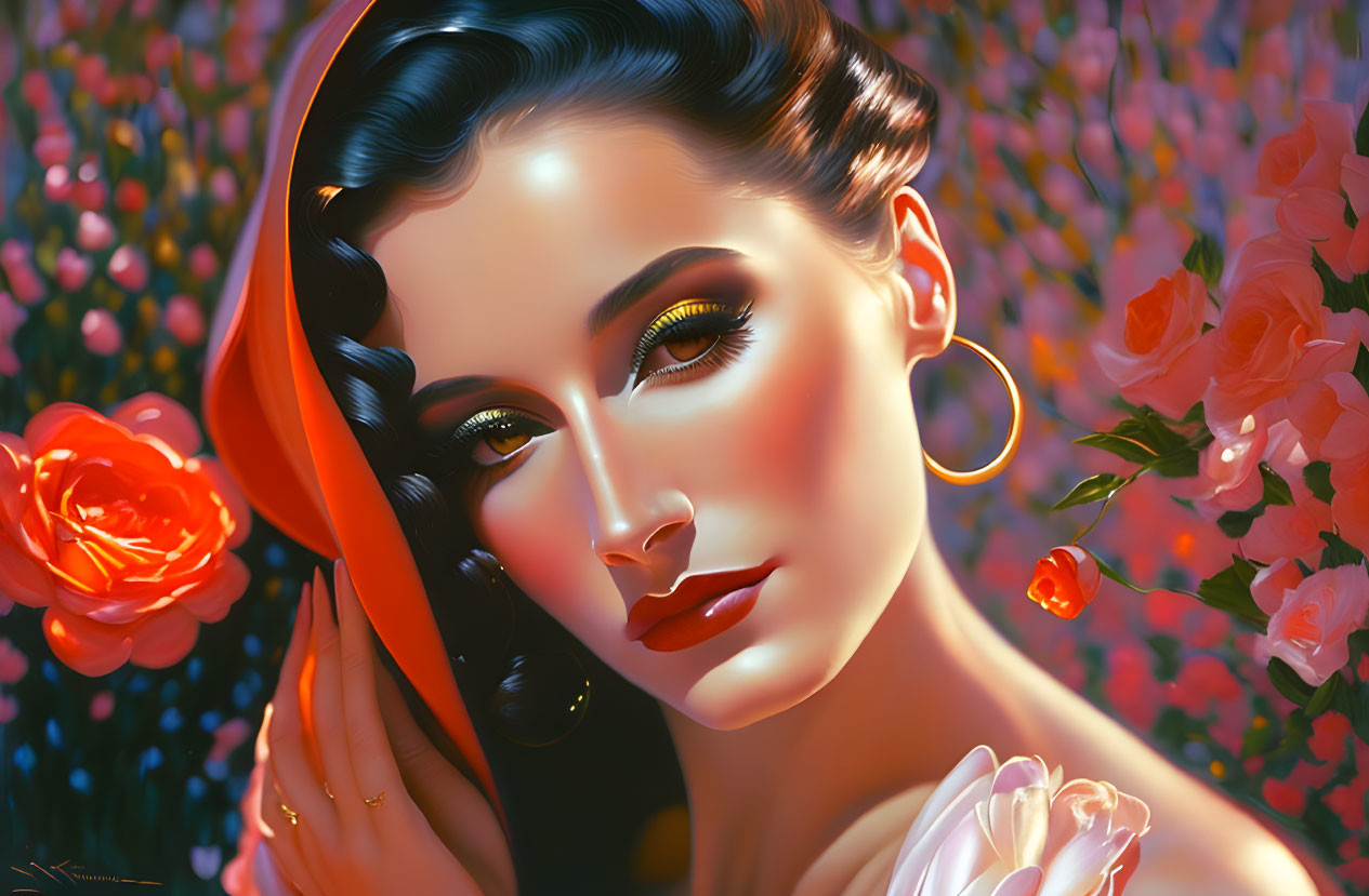 Digital artwork featuring woman with dark hair, makeup, gold earrings, and roses.