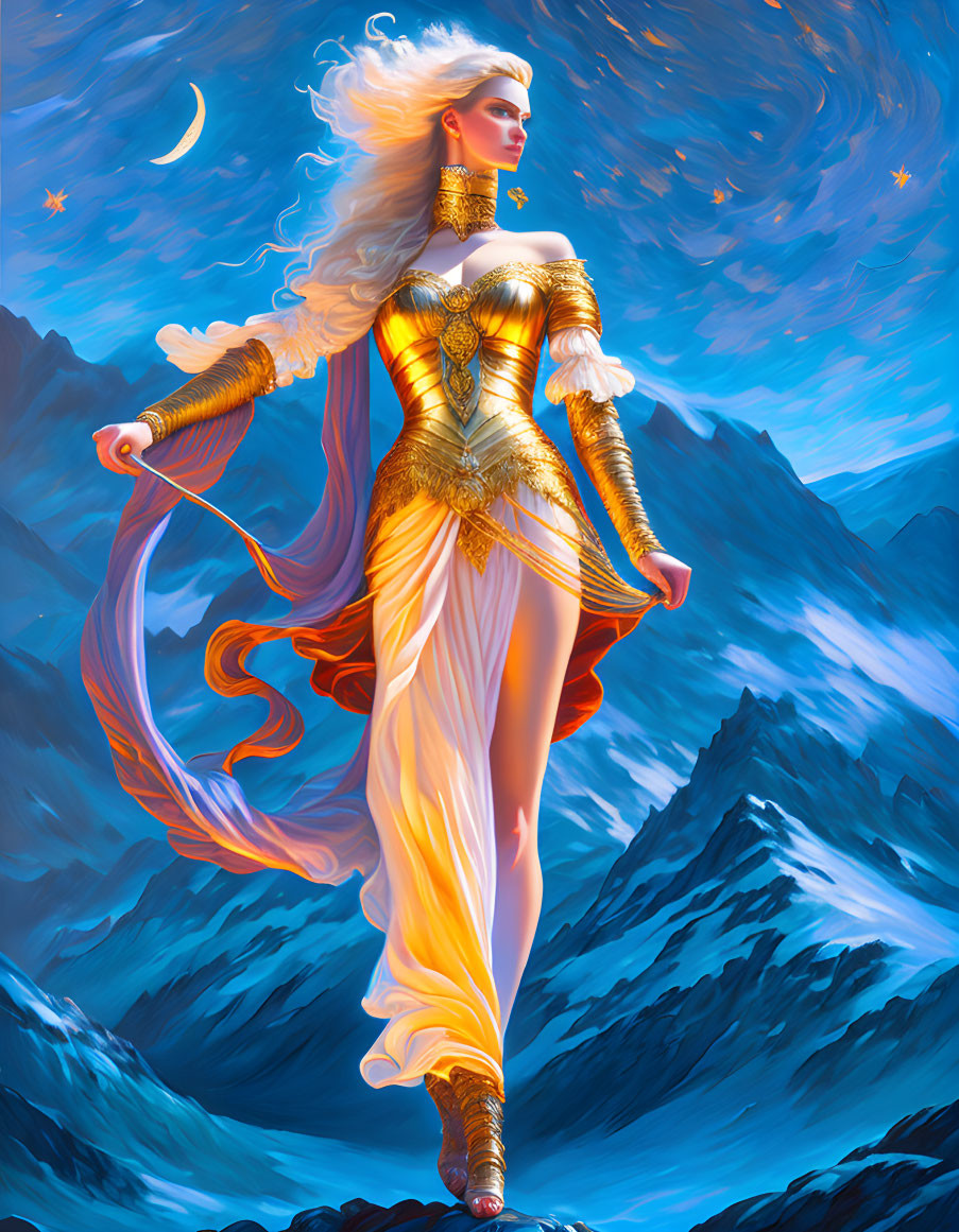 Golden armored female figure on mountain under starry sky.