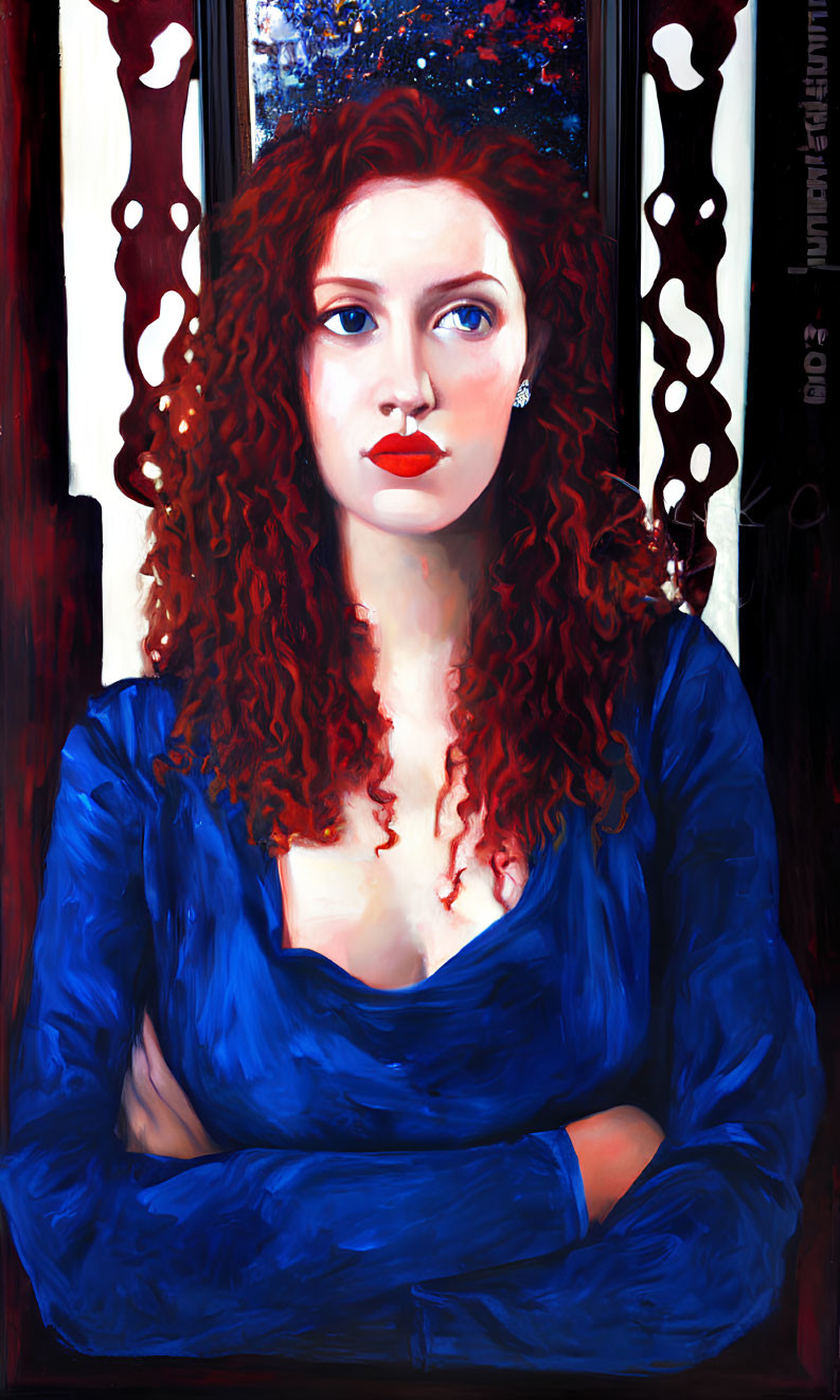 Portrait of a woman with red curly hair and bright red lipstick in blue top against red and white backdrop