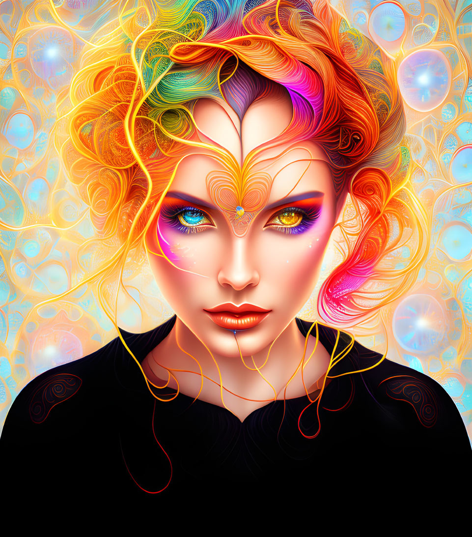 Colorful digital portrait of a woman with flowing multicolored hair and bold makeup featuring a third eye