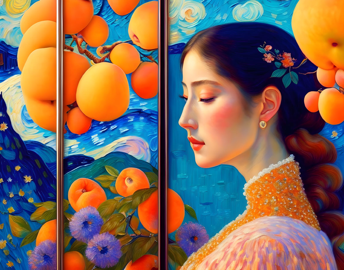 Digital art portrait of woman with peach trees and flowers in Van Gogh-inspired modern fantasy blend