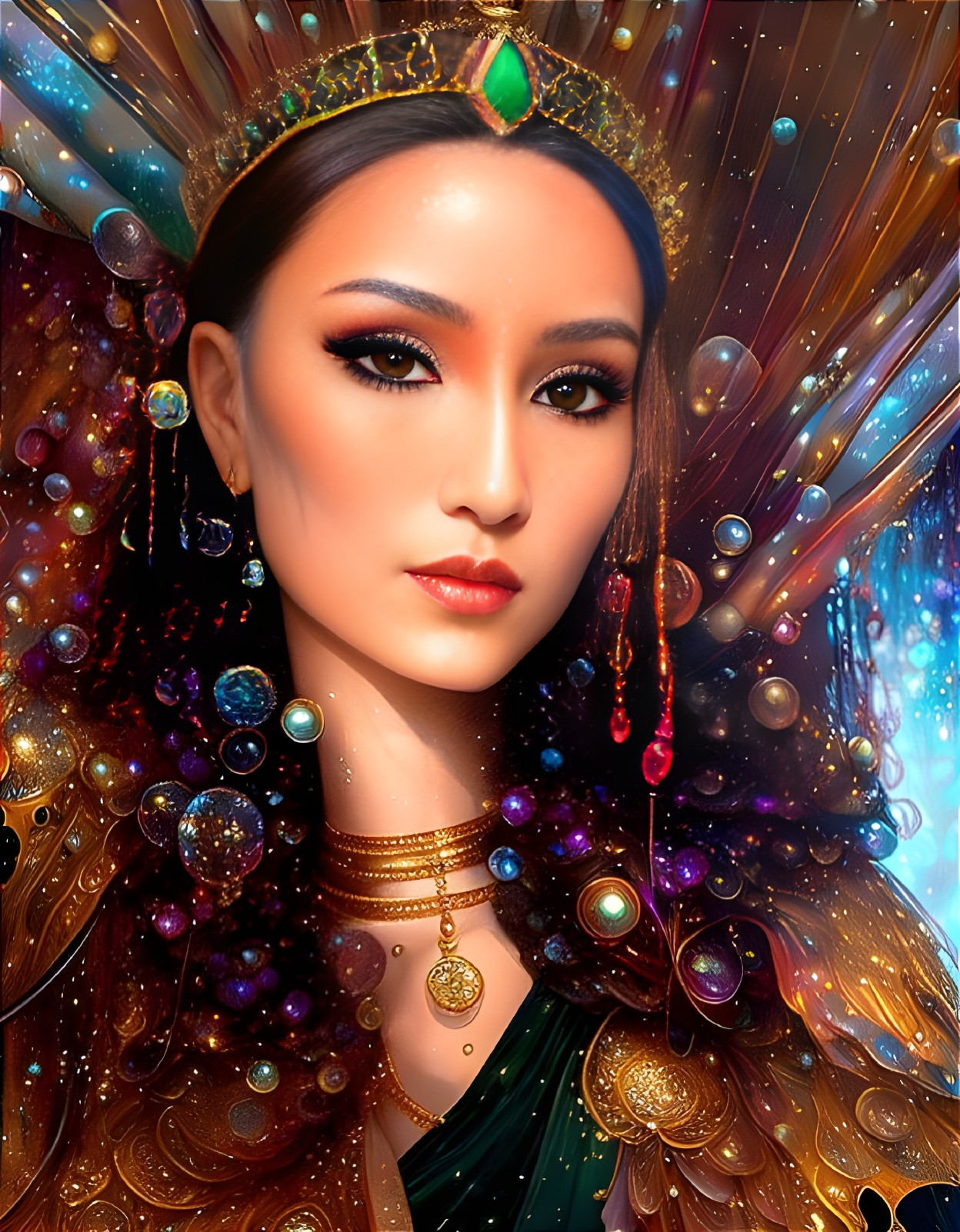 Digital portrait of woman in regal attire with ornate jewelry and cosmic backdrop