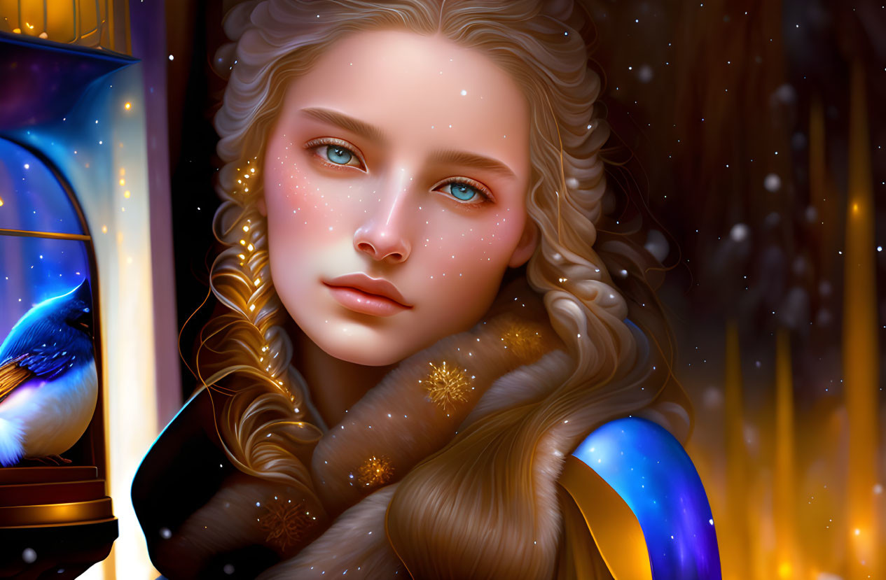 Digital artwork featuring a girl with blue eyes, freckles, golden light, and a bluebird