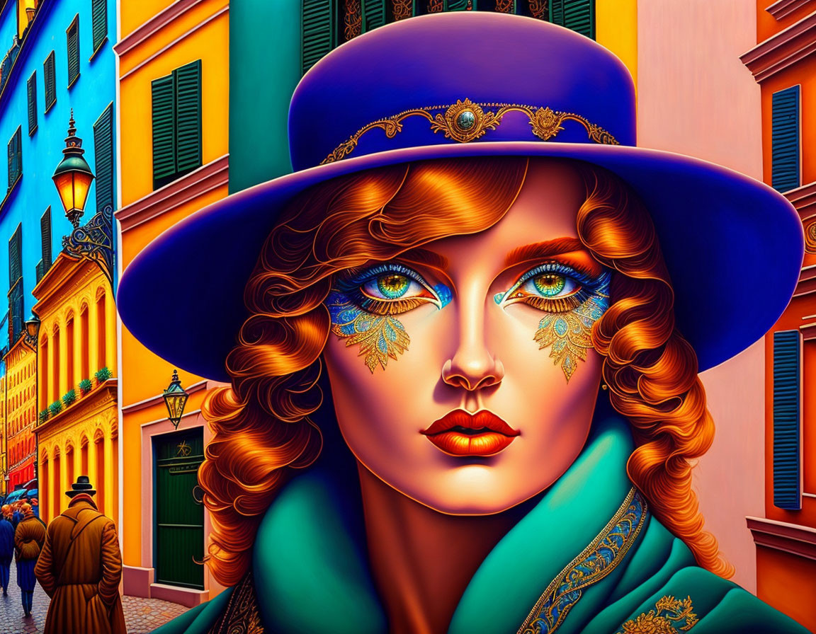 Colorful digital artwork of a woman with blue eyes and golden leaf patterns, wearing a blue hat and