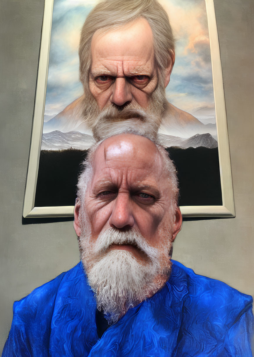 Elderly man with white beard sitting under stern portrait against mountain backdrop