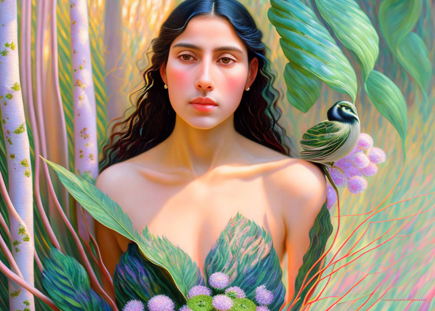 Dark-haired woman in serene nature-inspired portrait with colorful flora and bird