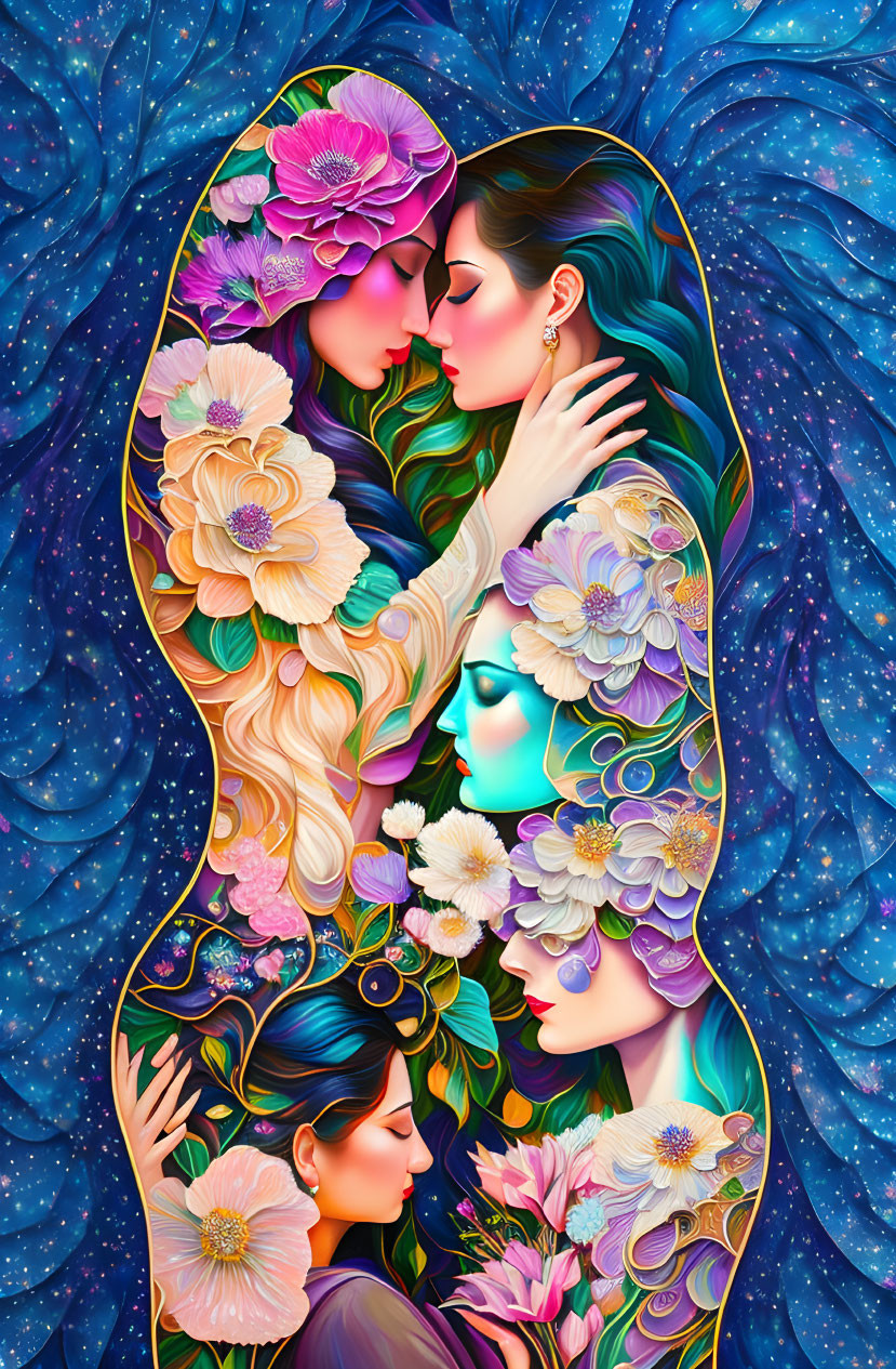 Stylized female figures with floral hair embracing in cosmic setting