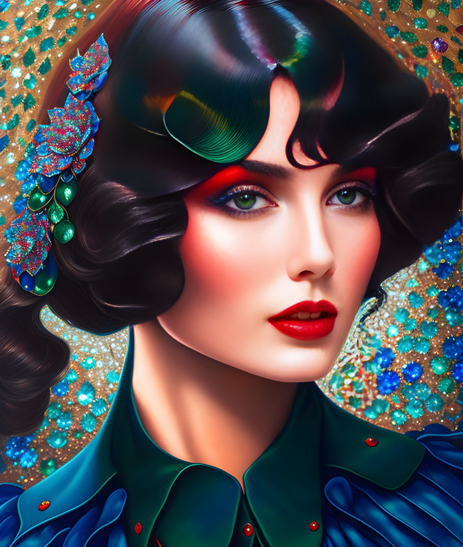 Vibrant makeup portrait with glossy hair and ornate blue hairpiece