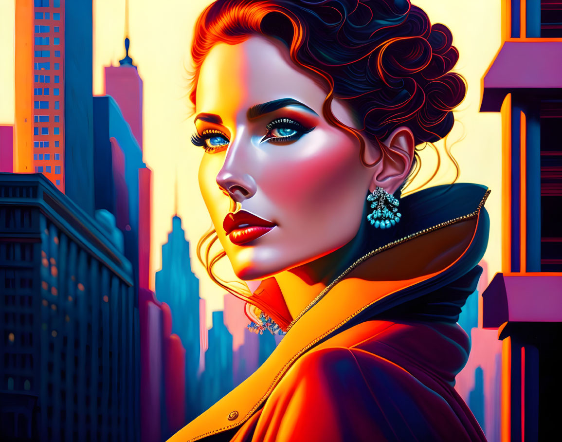 Colorful digital artwork: Woman with blue eyes and red lips in cityscape.