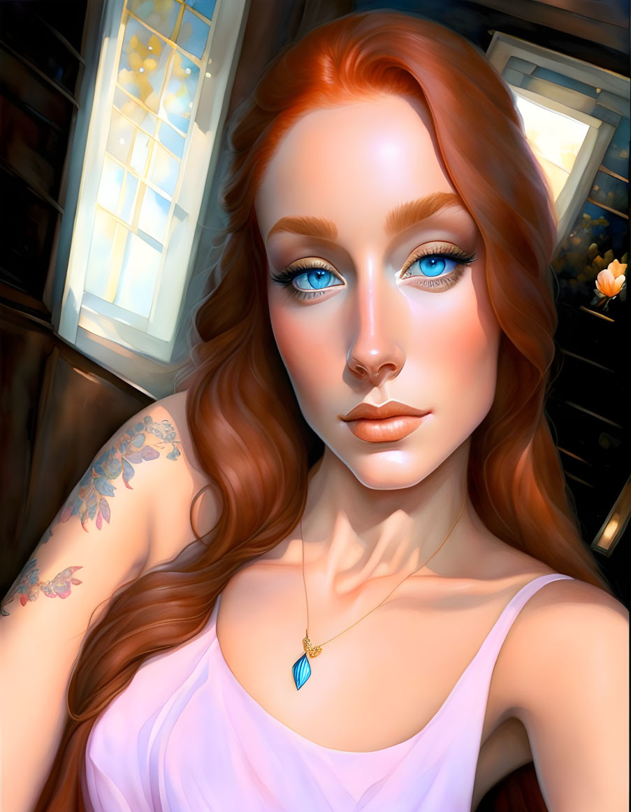 Digital portrait of woman with red hair, blue eyes, arm tattoo, pink top, pendant, by