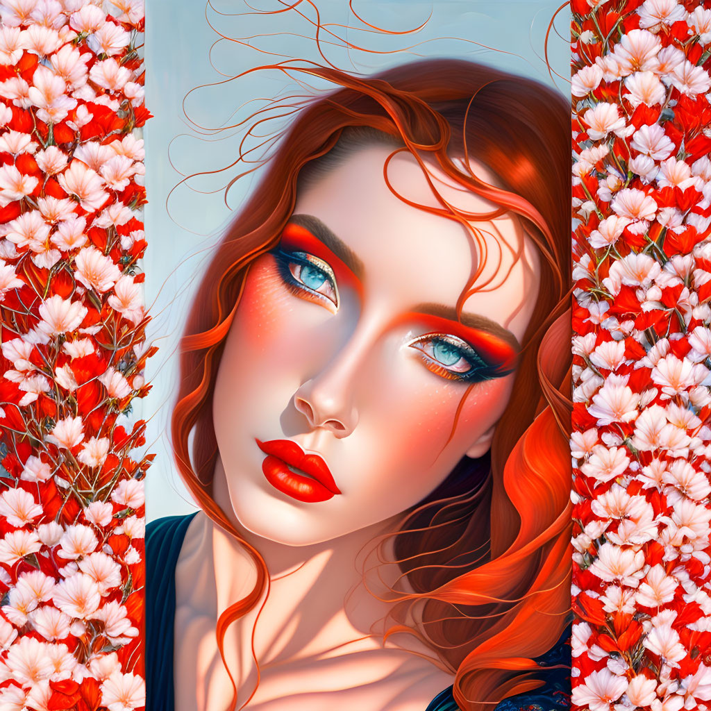 Digital artwork: Woman with red hair, bold makeup, surrounded by white and pink flowers on pale blue