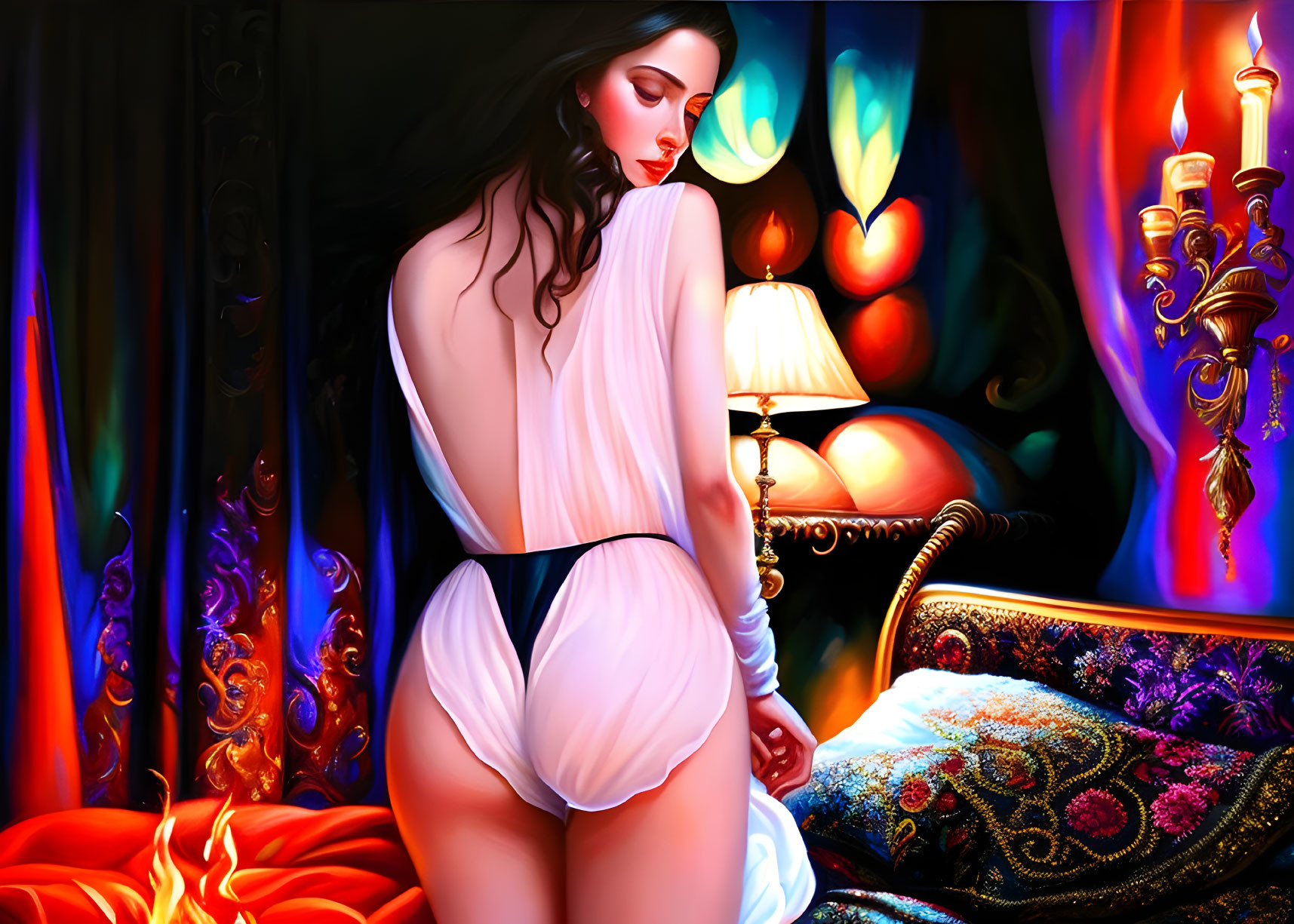 Contemplative woman in sheer garment by vibrant, colorful room