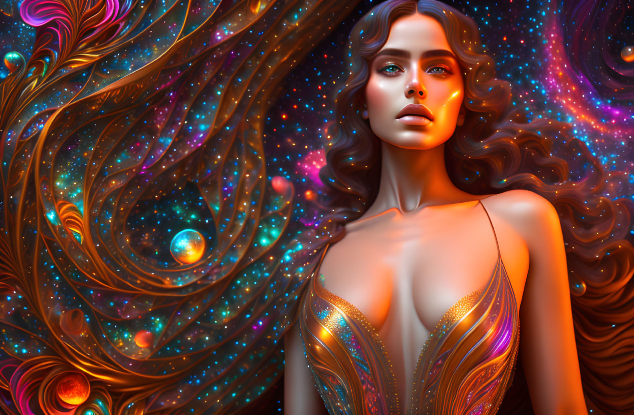 Colorful digital artwork: Woman with flowing hair in cosmic setting