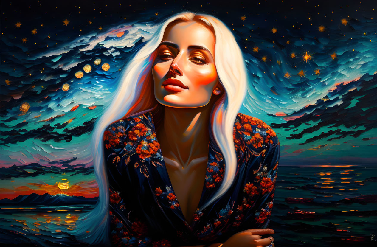 Stylized portrait of woman with white hair against starry night sky and sunset seascape