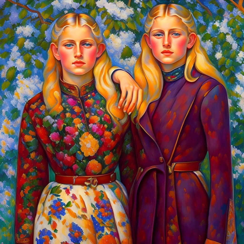 Two women in floral clothing before blooming tree - serene expressions.