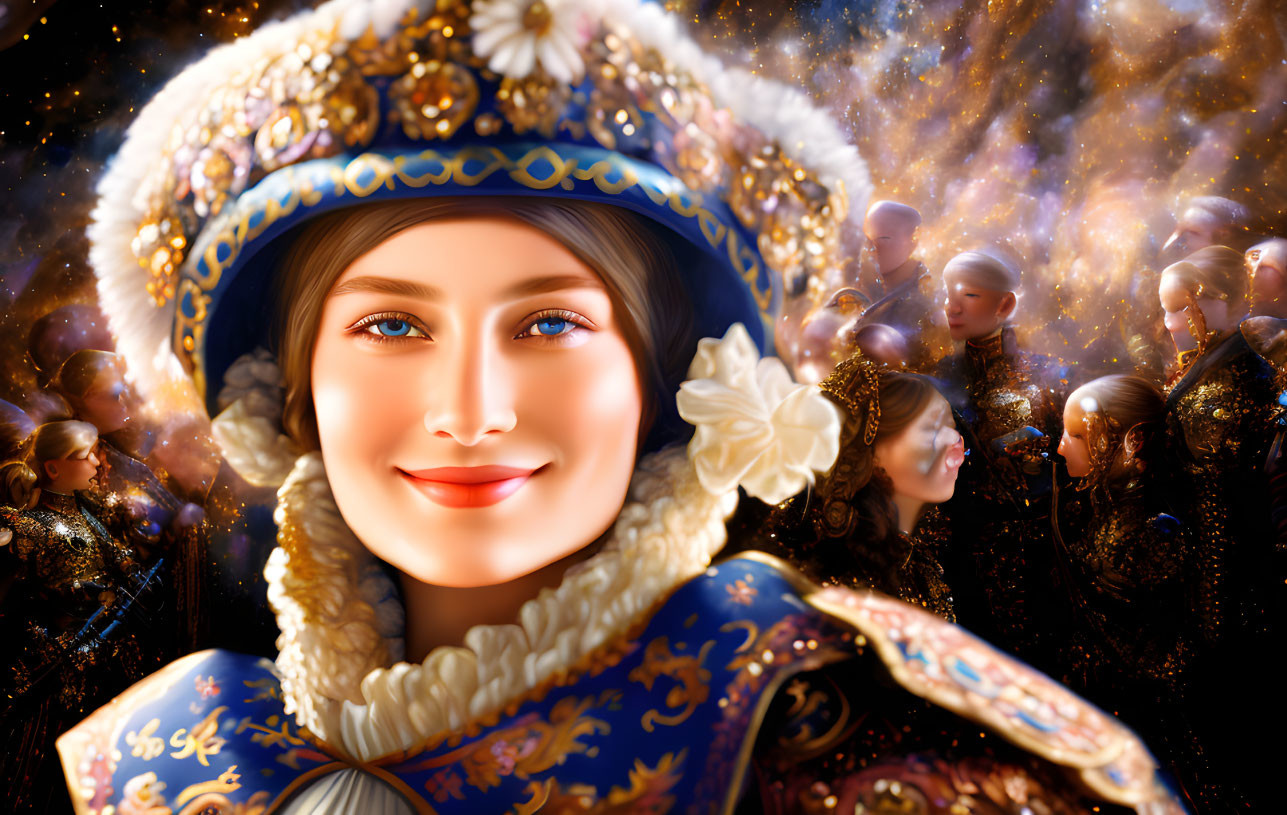 Digital art: Woman in traditional dress with fur hat among figures in starry setting