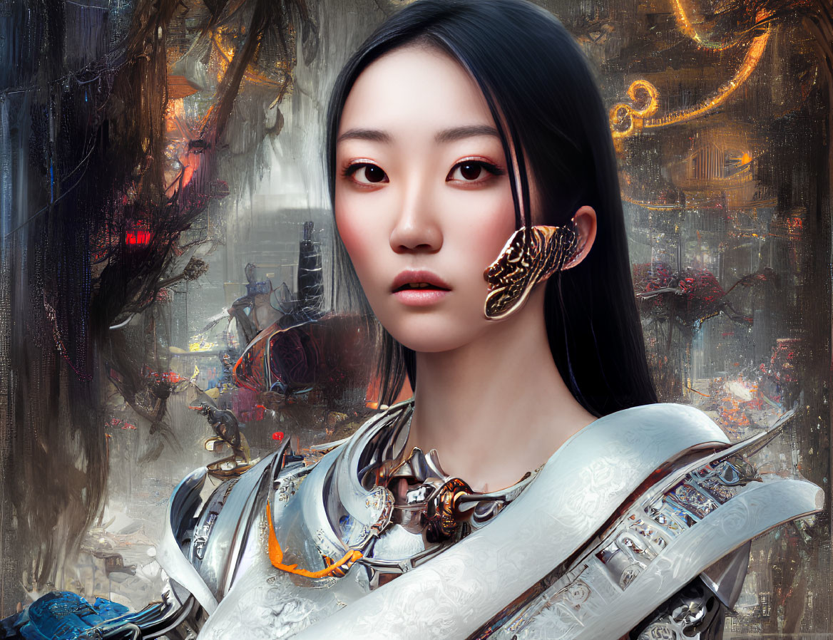 Futuristic digital artwork of woman in armor with gold earring