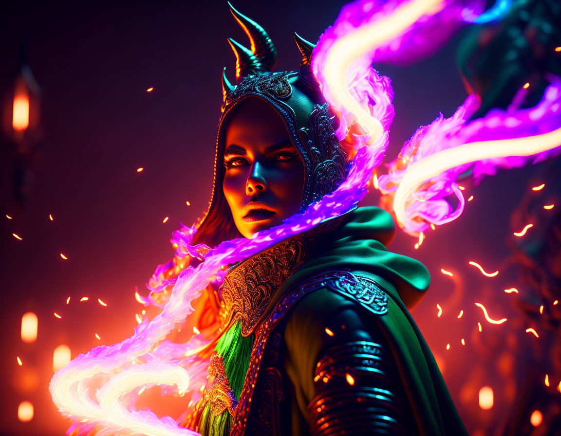 Ornate armored figure with glowing horns in mystical neon energy against dark background