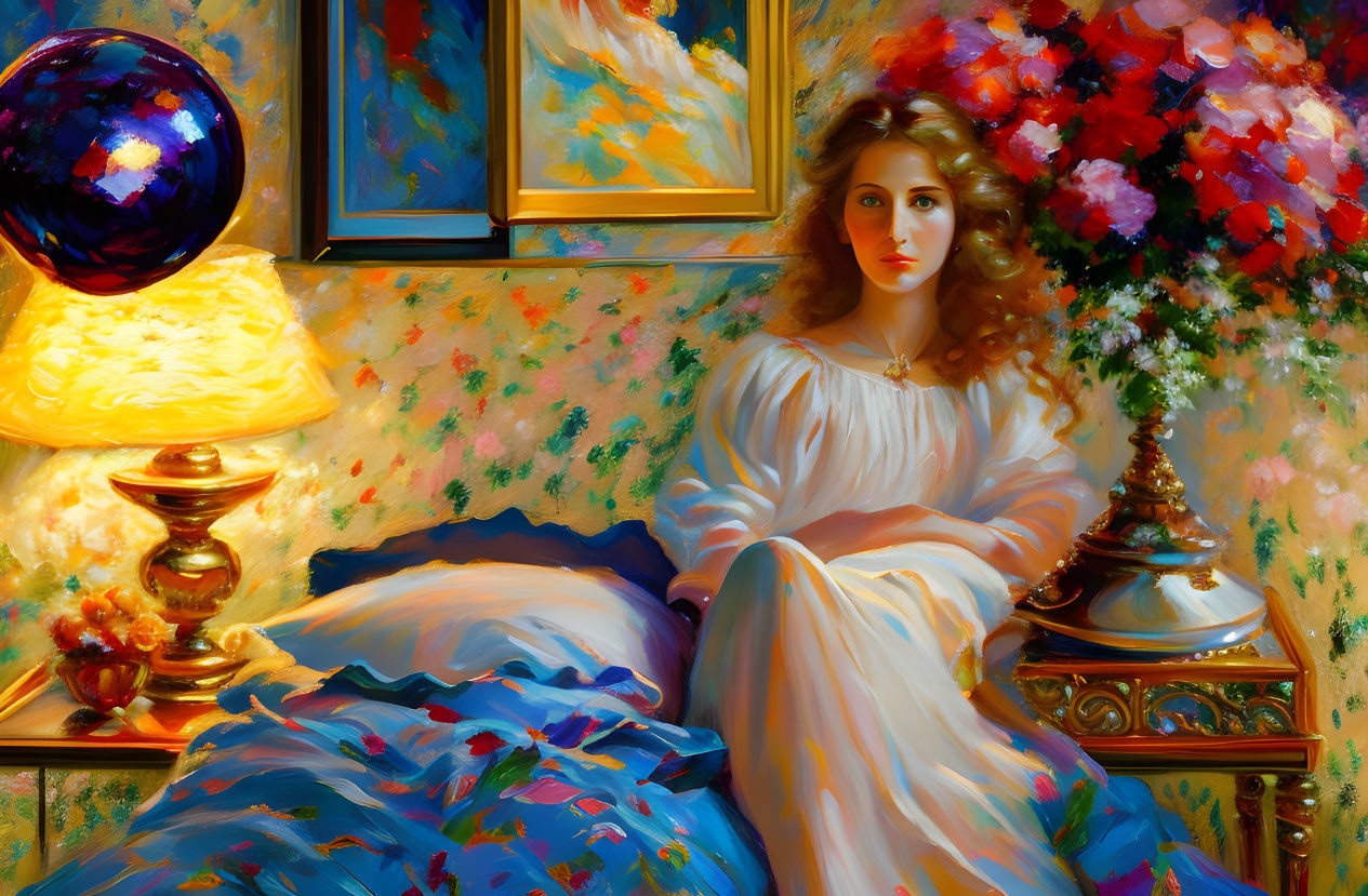 Woman in White Dress on Bed with Blue Covers and Flowers