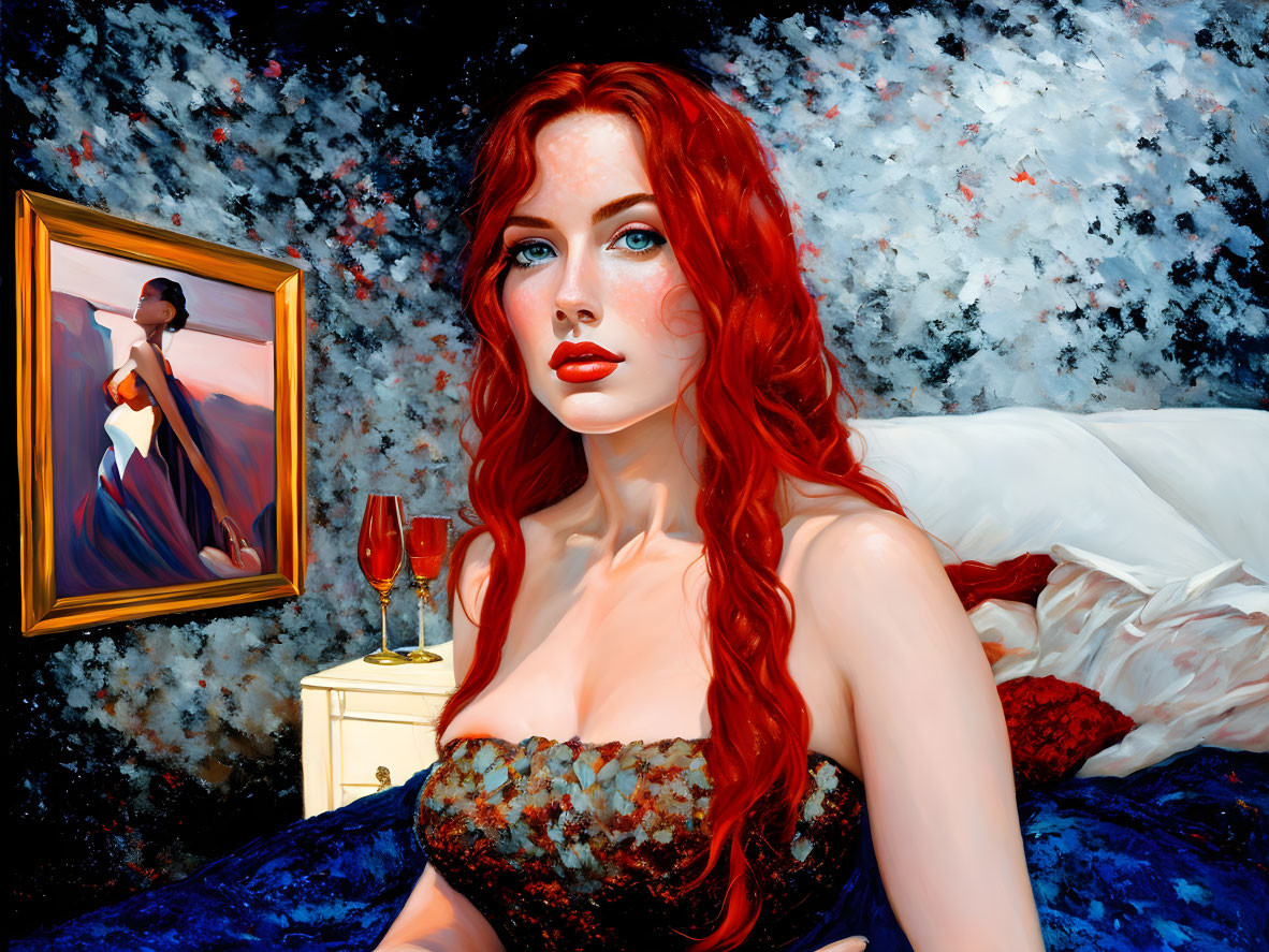 Vivid painting of woman with red hair on blue and white backdrop