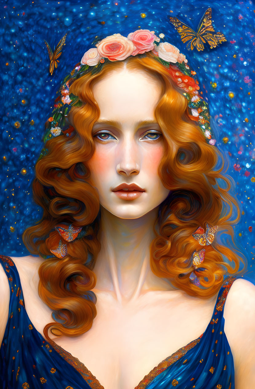 Portrait of woman with red hair, rose headband, butterflies, starry blue backdrop