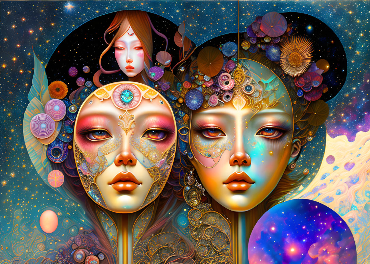 Colorful digital artwork: Two stylized female figures with intricate headdresses amidst cosmic and floral motifs