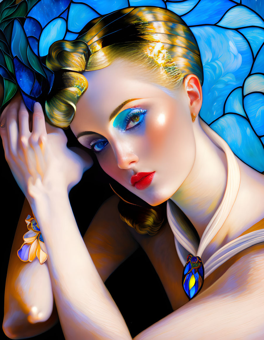 Stylized portrait of woman with golden hair and vibrant makeup