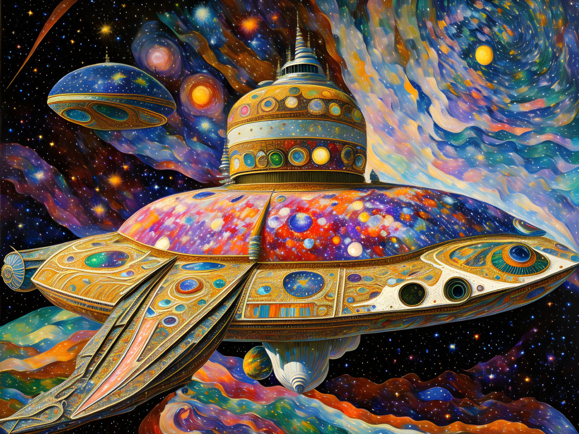 Colorful Stylized Spaceship Art Against Cosmic Backdrop