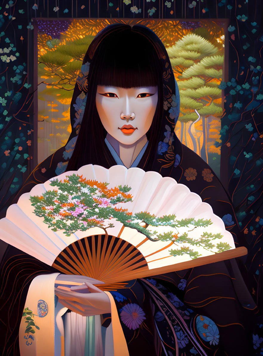 Illustrated woman in traditional clothing with ornate fan in forest setting at night