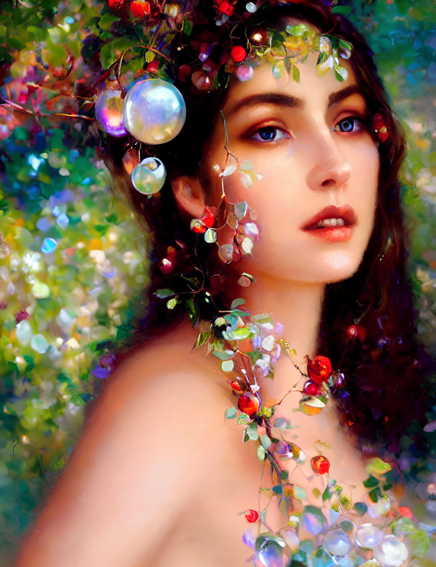 Portrait of woman with blue eyes and dark hair surrounded by vibrant flowers and berries in green foliage bokeh